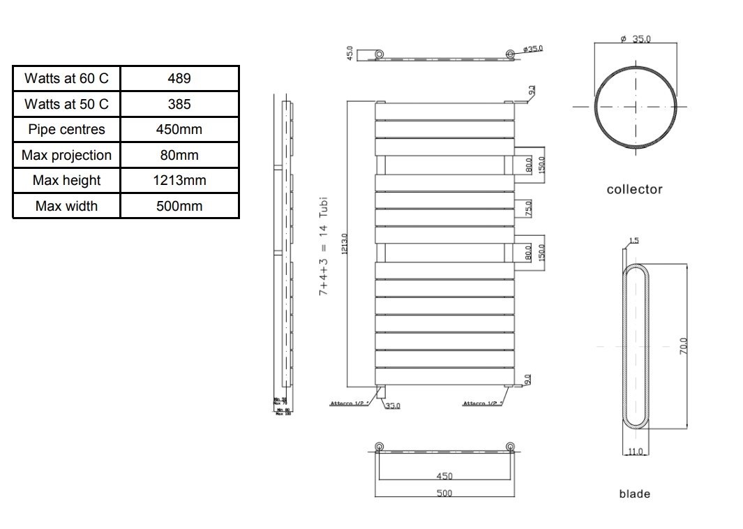 Anthracite Flat Panel Heated Towel Rail 1213x500mm Specification Drawing