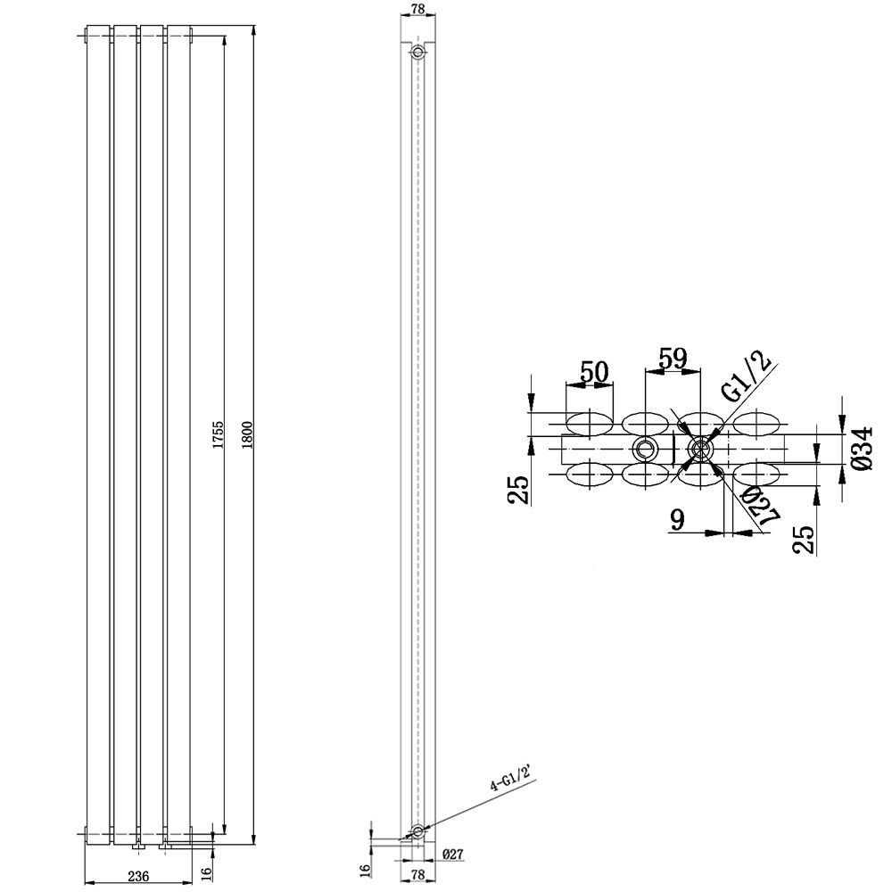 High White Gloss Revive Compact Double Panel Radiator 1800x236mm Specification Drawing