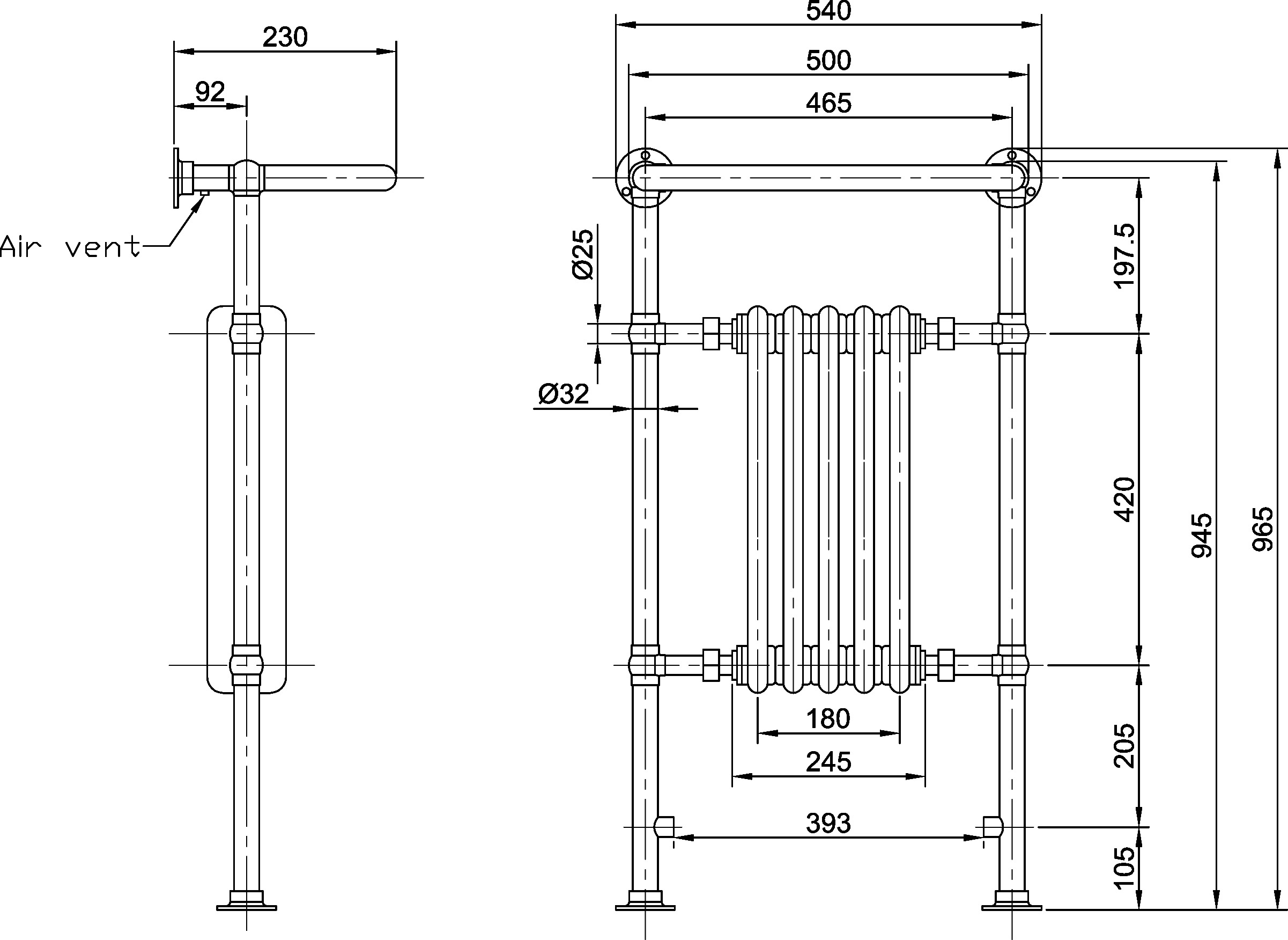 White and Chrome Small Harrow Heated Towel Rail 965x540mm Specification Drawing