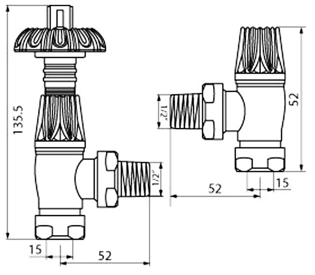 Chrome Angled Thermostatic Radiator Valves & Lock Shield Specification Diagram