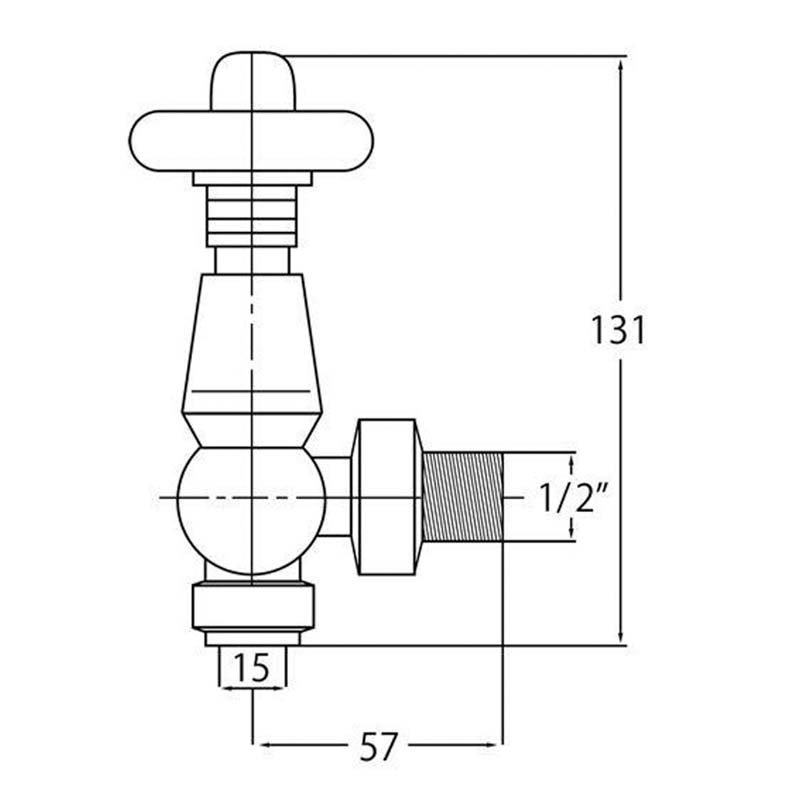 Antique Brass Chelsea Angled Thermostatic Radiator Valves & Lock Shield Specification Diagram