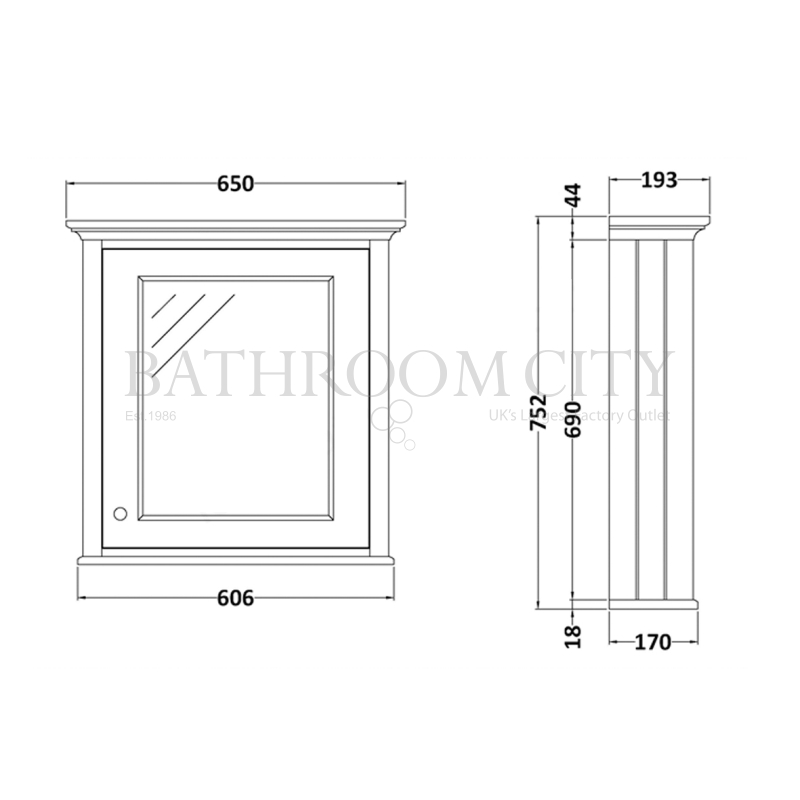 Plummett Grey 600MM Mirror Wall Cabinet Specification Diagram