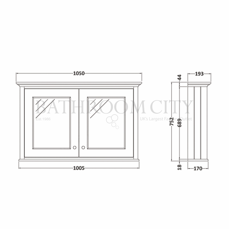 Pointing White 1050MM Mirror Wall Cabinet Specification Diagram