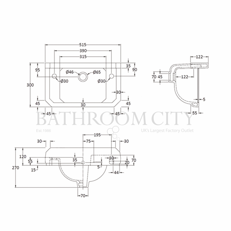 Fitzroy 515MM Cloakroom Basin Specification Diagram