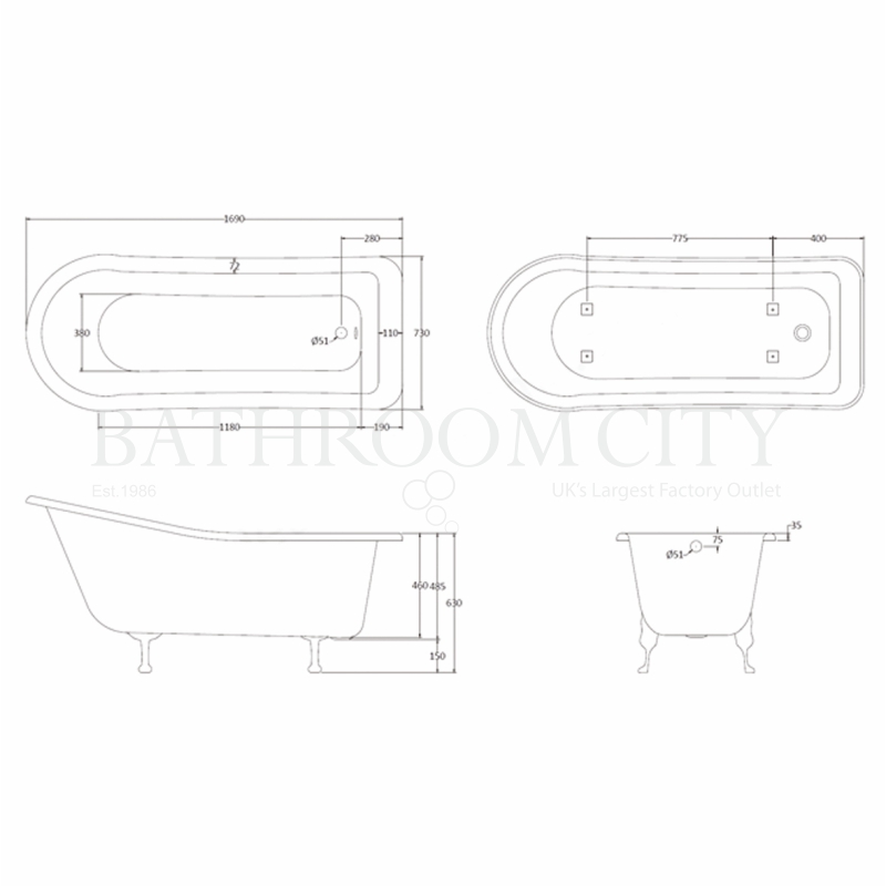 Pembridge 1700MM Freestanding Slipper Bath Specification Diagram