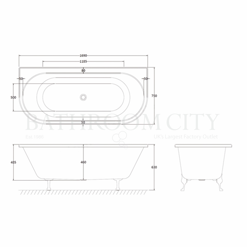 Courtnell 1700MM Double Ended BTW F/Bath Freestanding Bath Specification Diagram