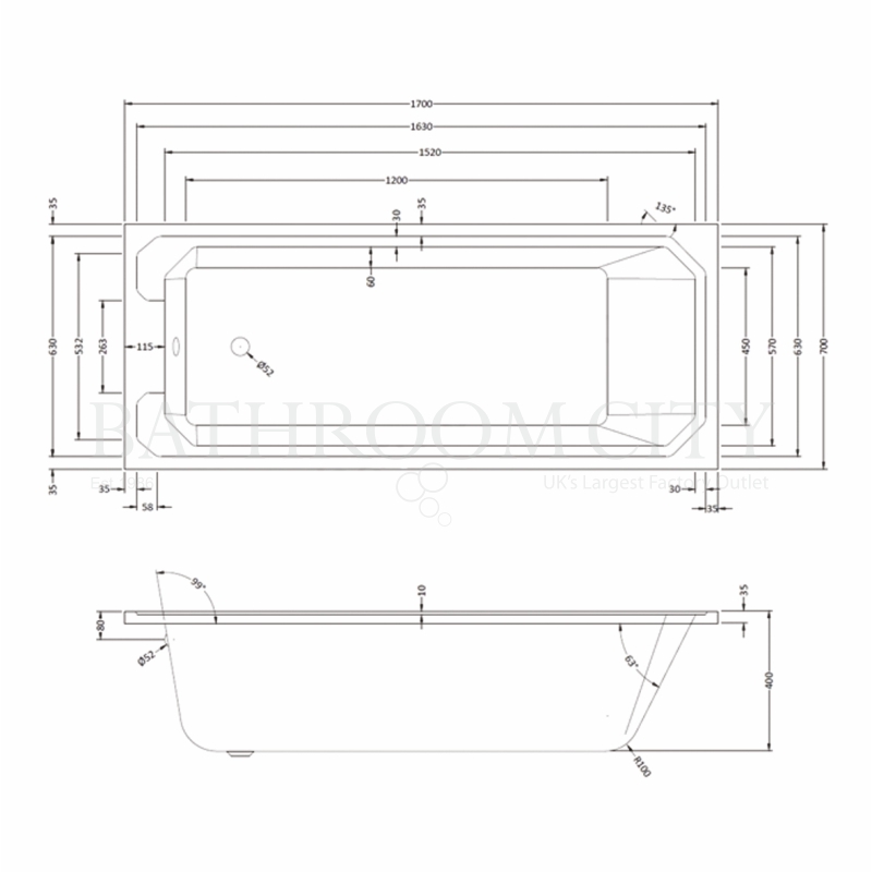 Bathurst Art Deco Single Ended Bath Specification Diagram