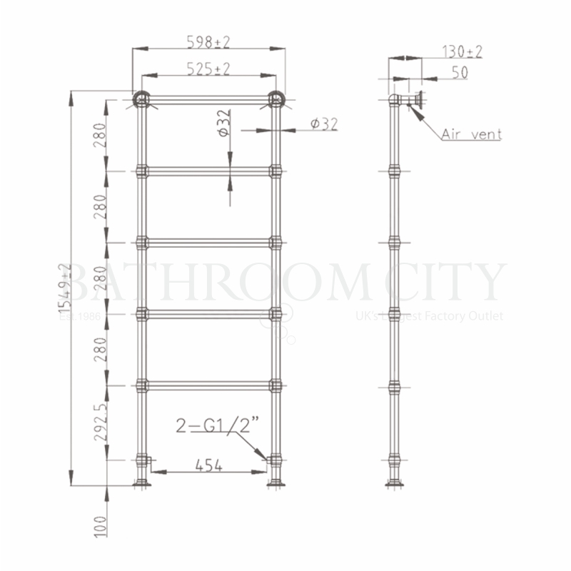 Line drawing of JULIET WALL MOUNTED TOWEL RADIATOR