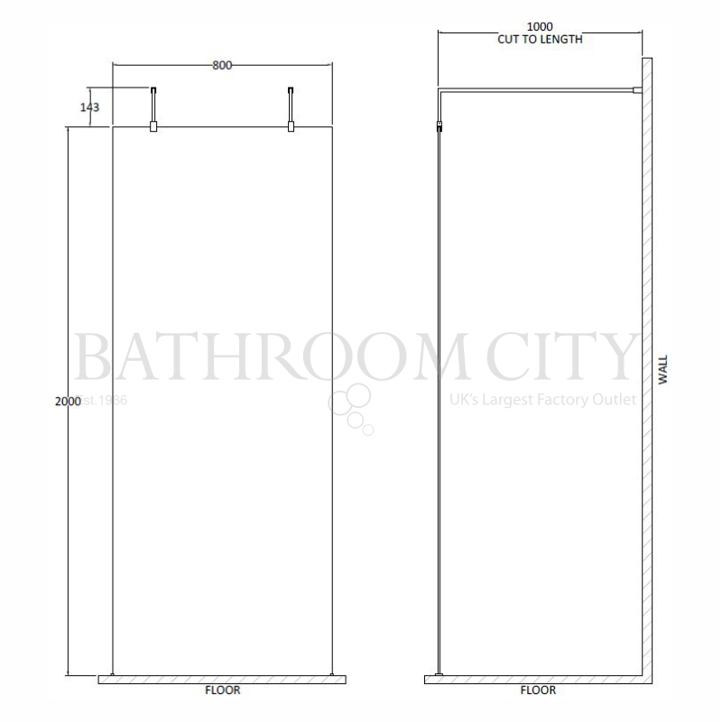 Wetroom Screen with Arms and H Feet Specification Diagram