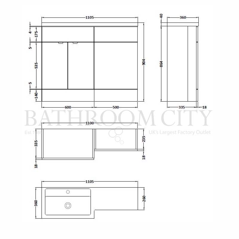 Full depth 1100mm Combination Specification Diagram