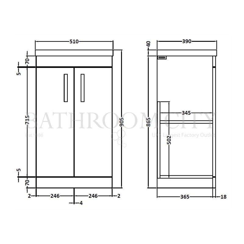 Atheana 500 Free Standing 2-Door Bathroom Vanity Unit With Basin (colour options) Specification Drawing