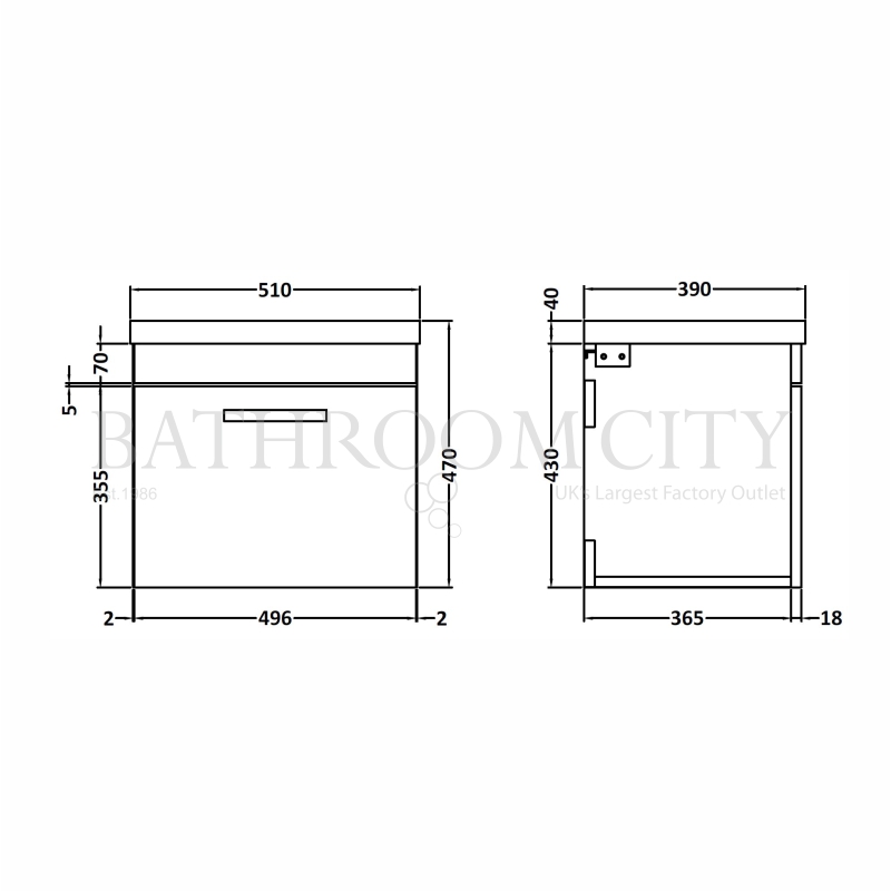 Atheana 500 Wall Hung 1 Draw Bathroom Vanity Unit With Basin (colour options) Specification Drawing