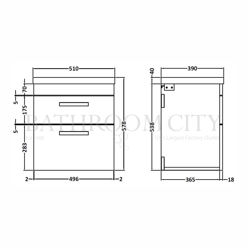 Atheana 500 Wall Hung 2-Draw Bathroom Vanity Unit With Basin (colour options) Specification Diagram