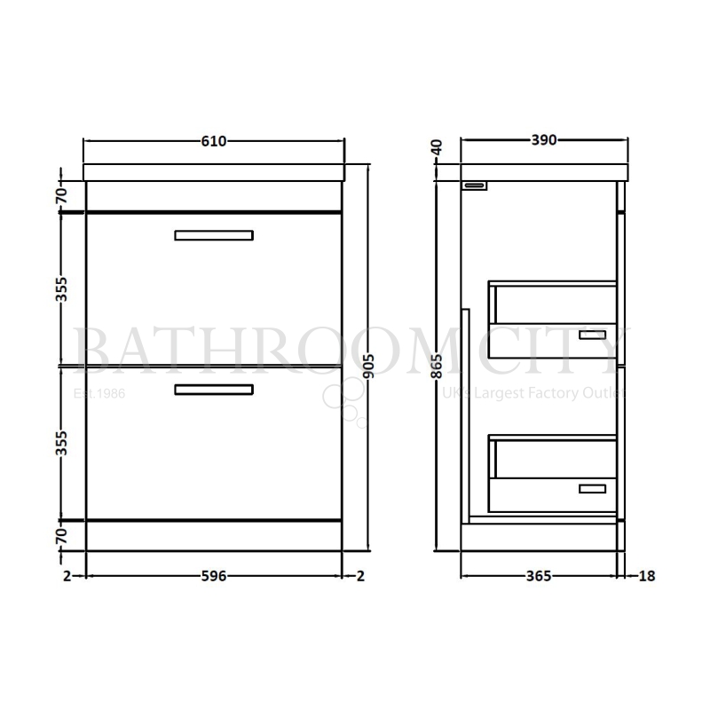 Line drawing of Atheana 600mm Freestanding 2-Drawer Bathroom Vanity Unit With Basin (colour options)