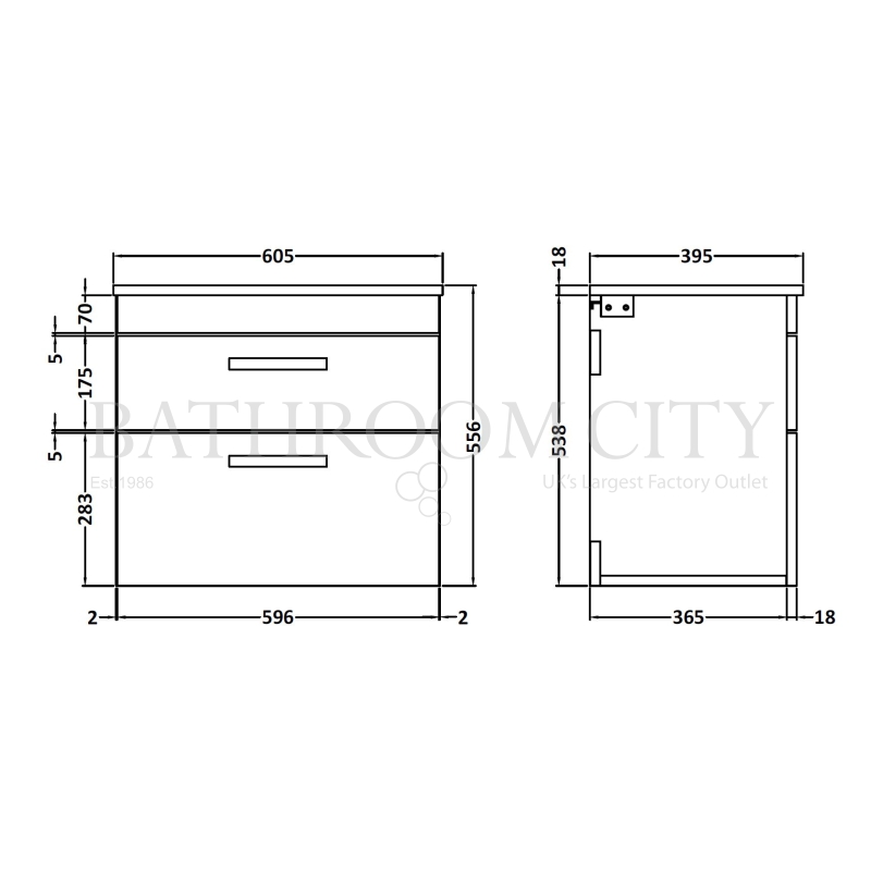 Atheana 600 Wall Hung 2-Draw Bathroom Vanity Unit With Basin (colour options) Specification Diagram