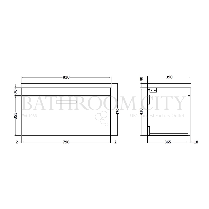 Atheana 800 Wall Hung 1-Draw Bathroom Vanity Unit With Basin (colour options) Specification Diagram