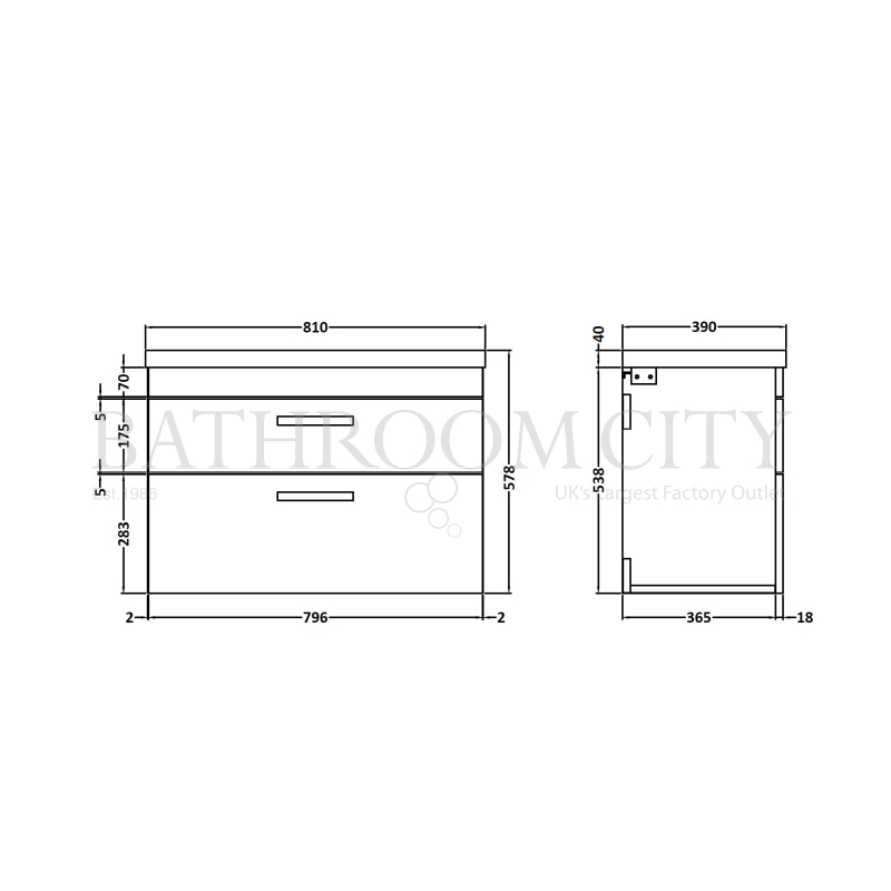 Atheana 800 Wall Hung 2-Draw Bathroom Vanity unit With Basin (colour options) Specification Diagram