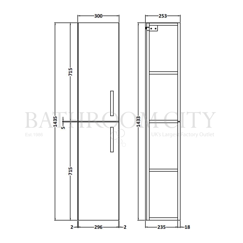 Athena Tall Wall Hung bathroom Unit 2-Door Specification Diagram