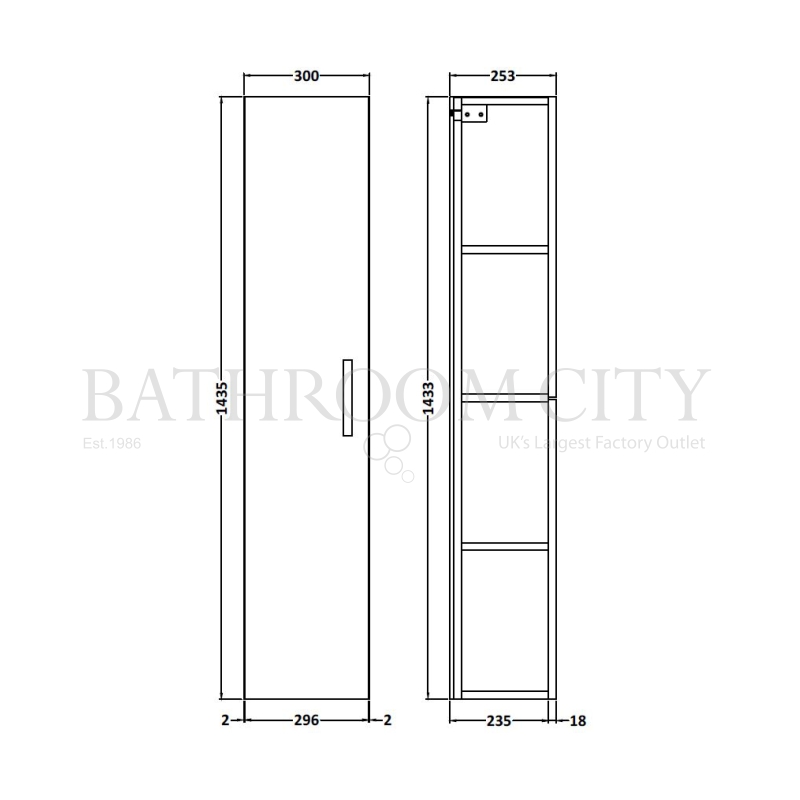 Athena Wall Hung bathroom tall boy 1-Door Specification Drawing