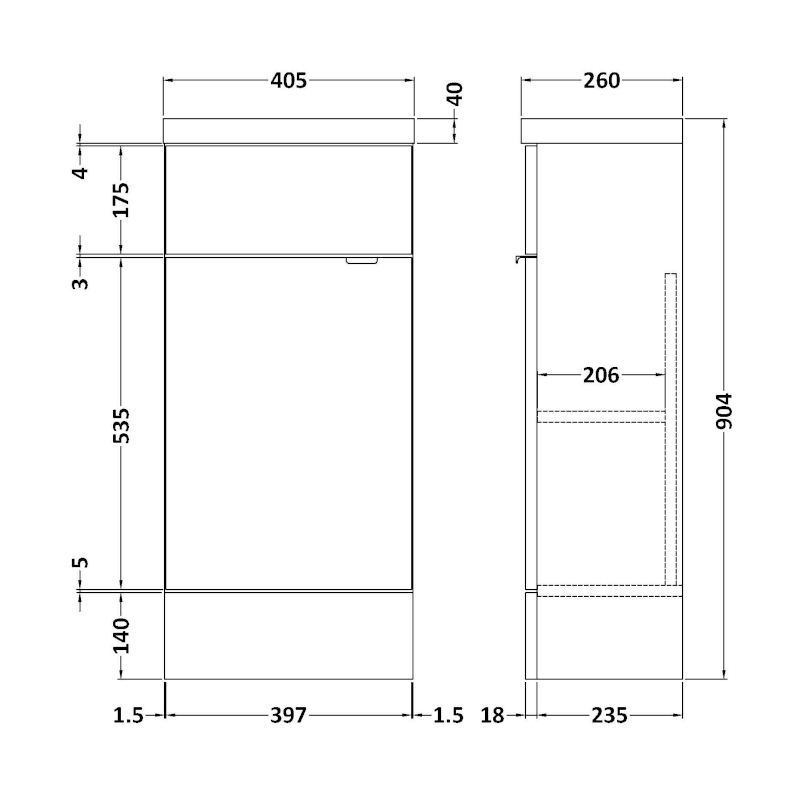 400mm Compact Slimline Vanity Unit & Basin Specification Drawing