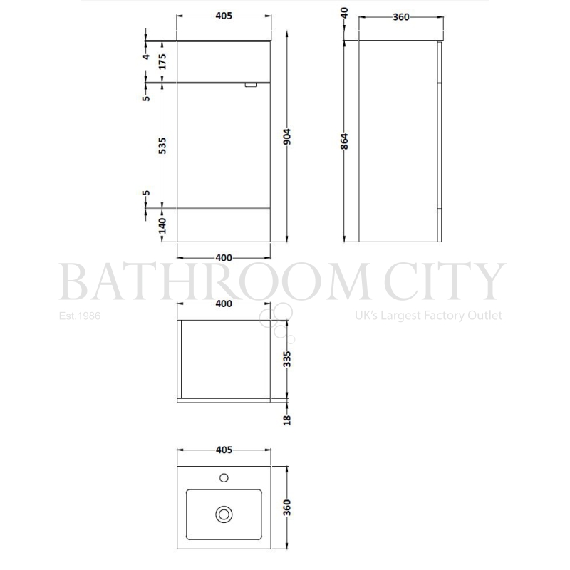 400mm Full Depth Vanity Unit & Basin Specification Drawing