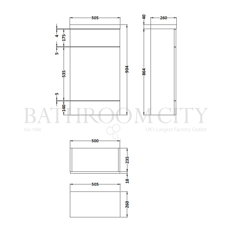 500mm Compact Slimline Vanity Unit & Basin Specification Diagram