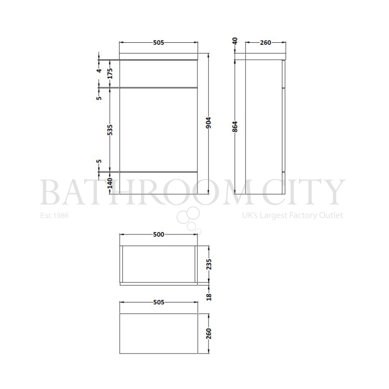 500mm Compact Slimline WC Unit & Polymarble Top Specification Diagram