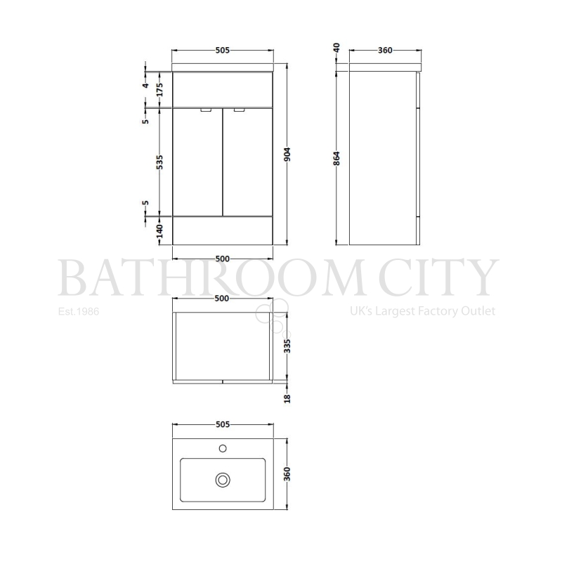 500mm Full Depth Vanity Unit & Basin Specification Diagram