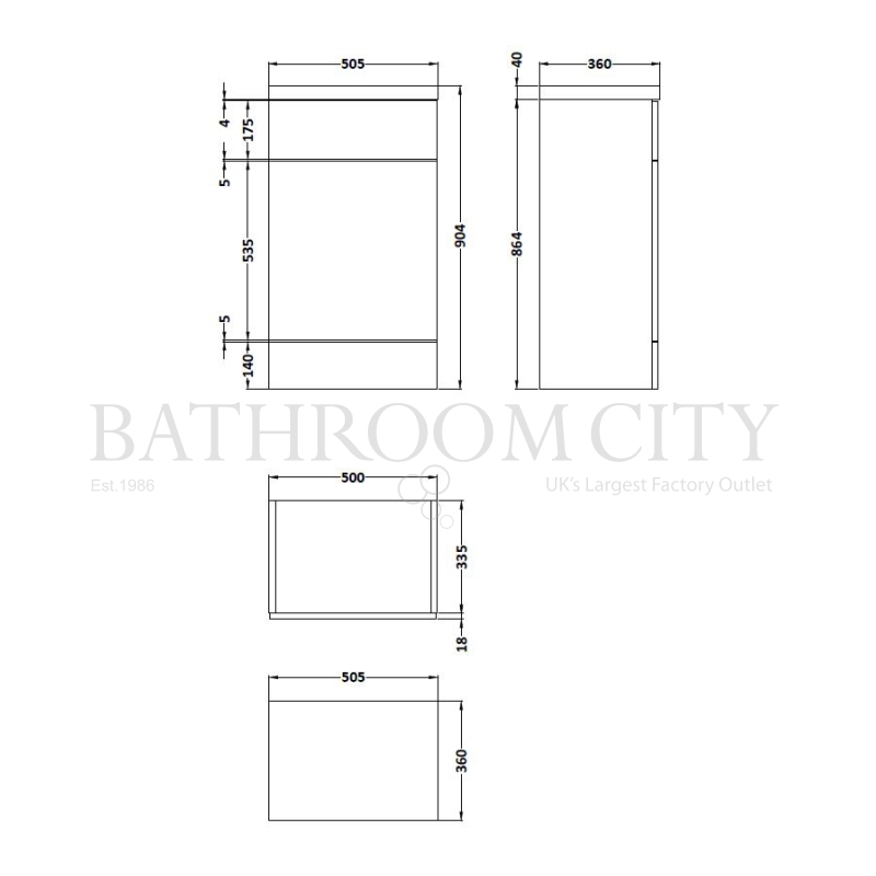 500mm Full depth WC Unit & Polymarble Top Specification Diagram