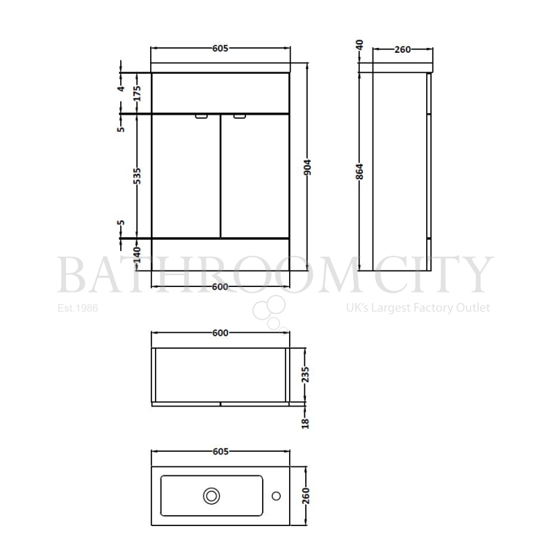 600mm Compact Slimline Vanity Unit & Basin Specification Diagram