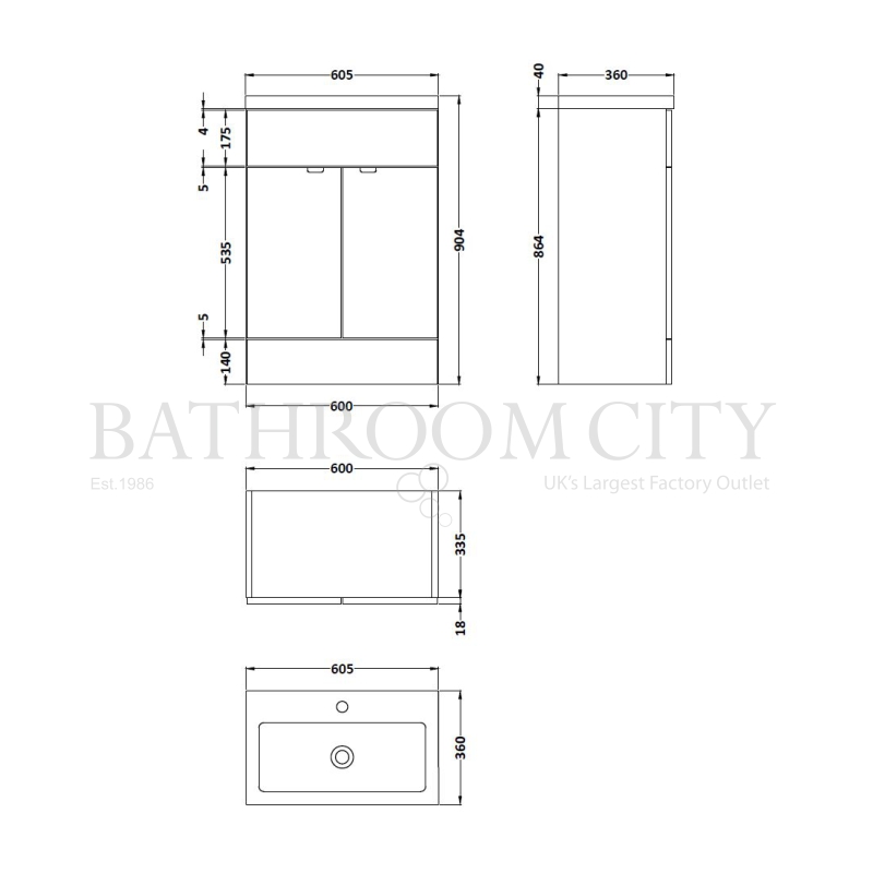 600mm Hudson Reed Vanity Unit & Basin Gloss (colour options) Specification Diagram