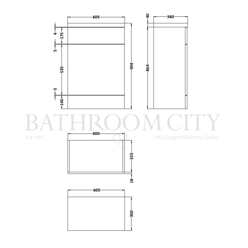 600mm FD WC Unit & Polymarble Top Gloss Specification Diagram