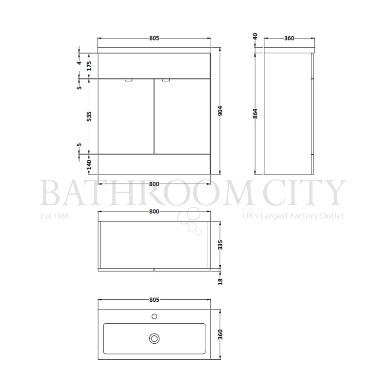 800mm Hudson Reed Vanity Unit & Basin Specification Drawing