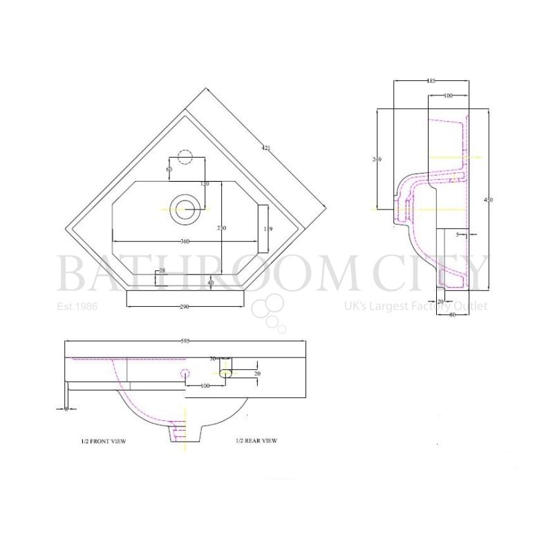 Bathroom Corner wall hung Basin (421x421x595) Specification Diagram