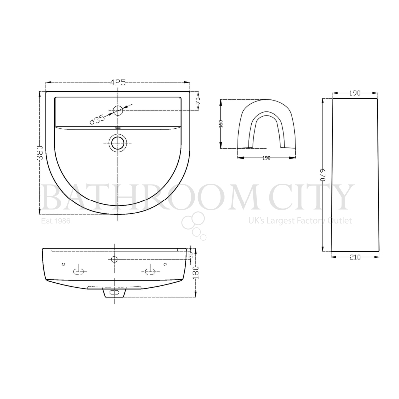 Luna 420mm Basin & Pedestal Specification Diagram