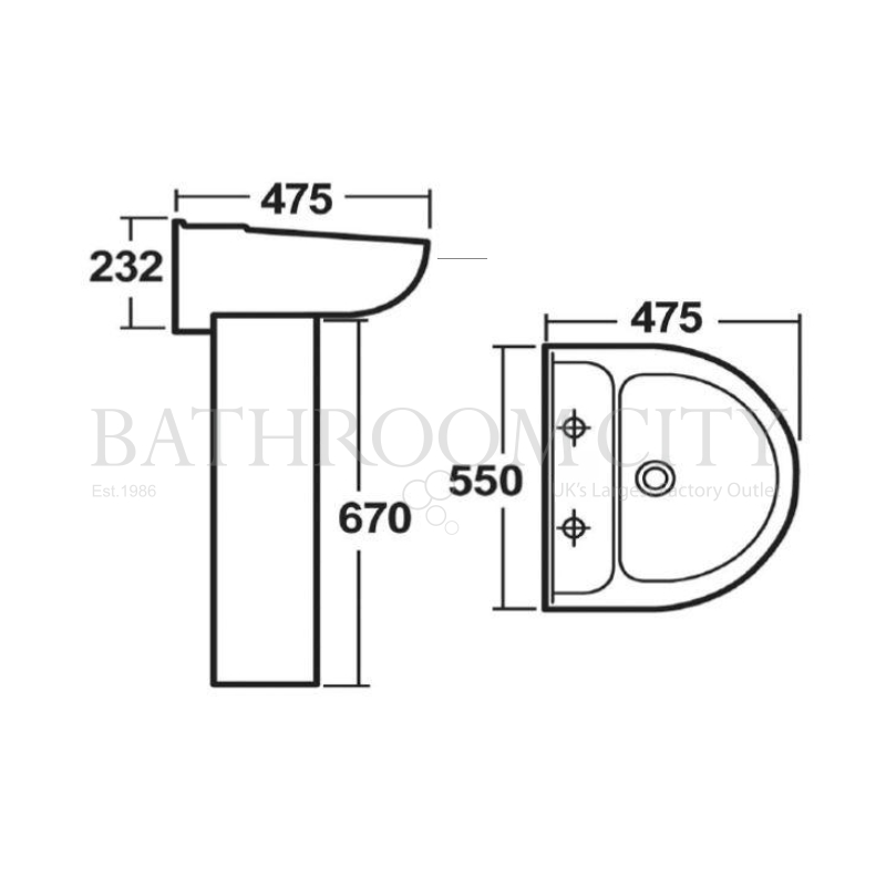 Melbourne 2TH Large Basin & Pedestal Specification Diagram