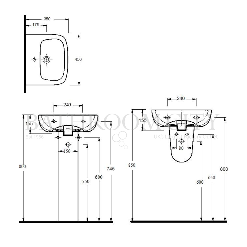 Ambrose 450mm Basin & Pedestal Specification Diagram