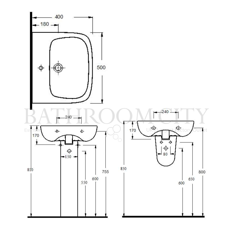 Ambrose 500mm Basin & Pedestal Specification Diagram