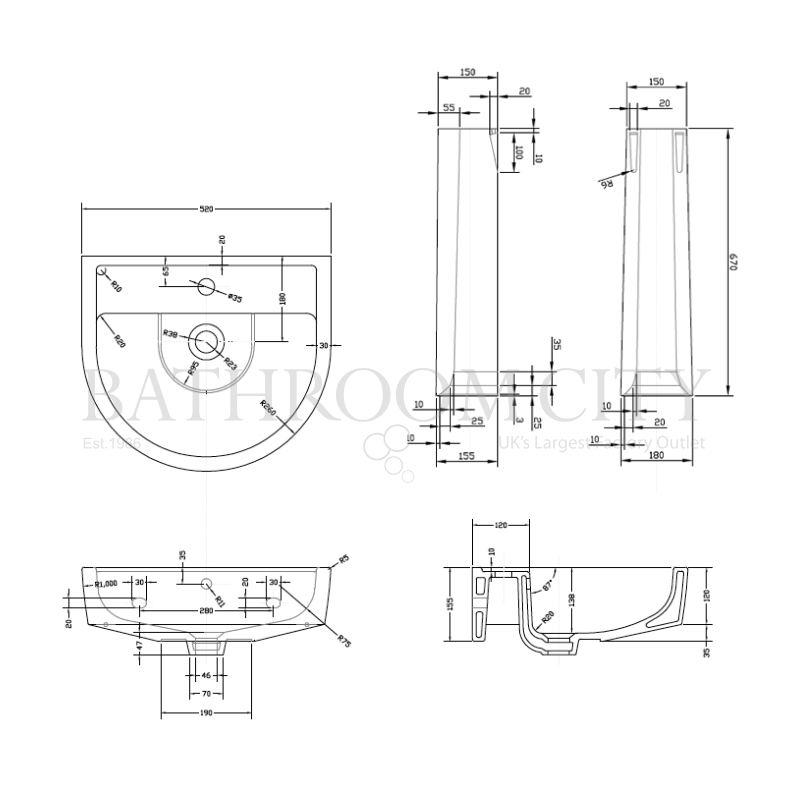 Provost 520mm Basin & Pedestal Specification Diagram