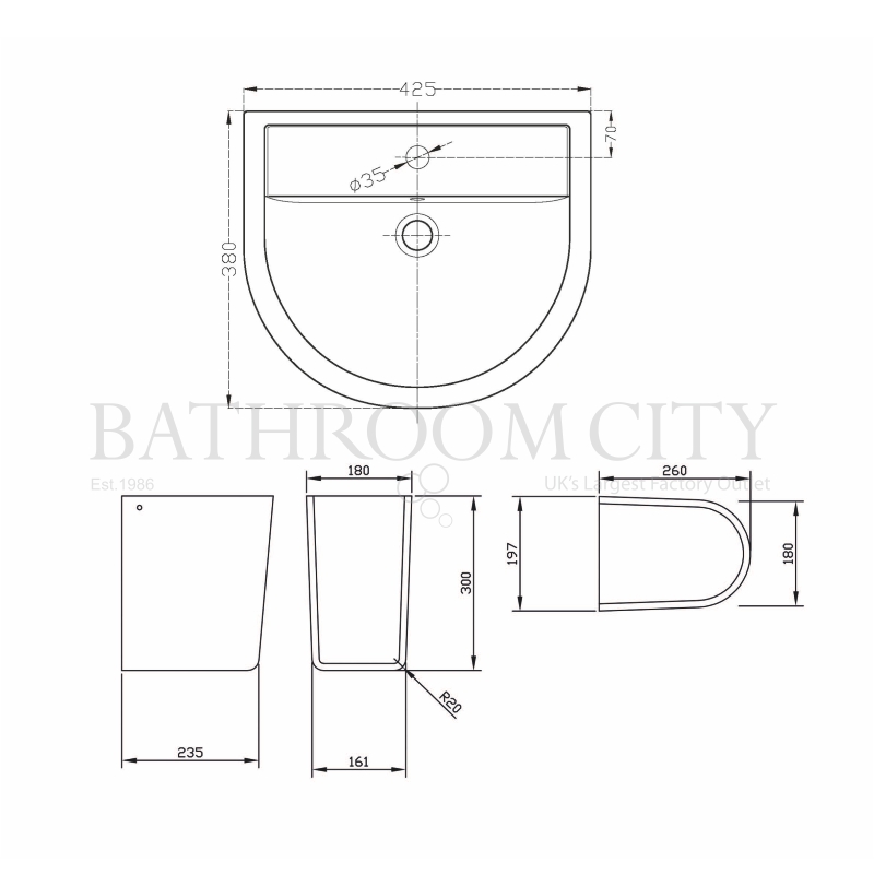 Provost 420mm Basin & Semi Pedestal Specification Diagram