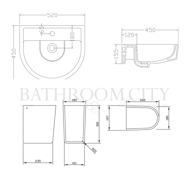 Provost 520mm Basin & Semi Pedestal Specification Diagram