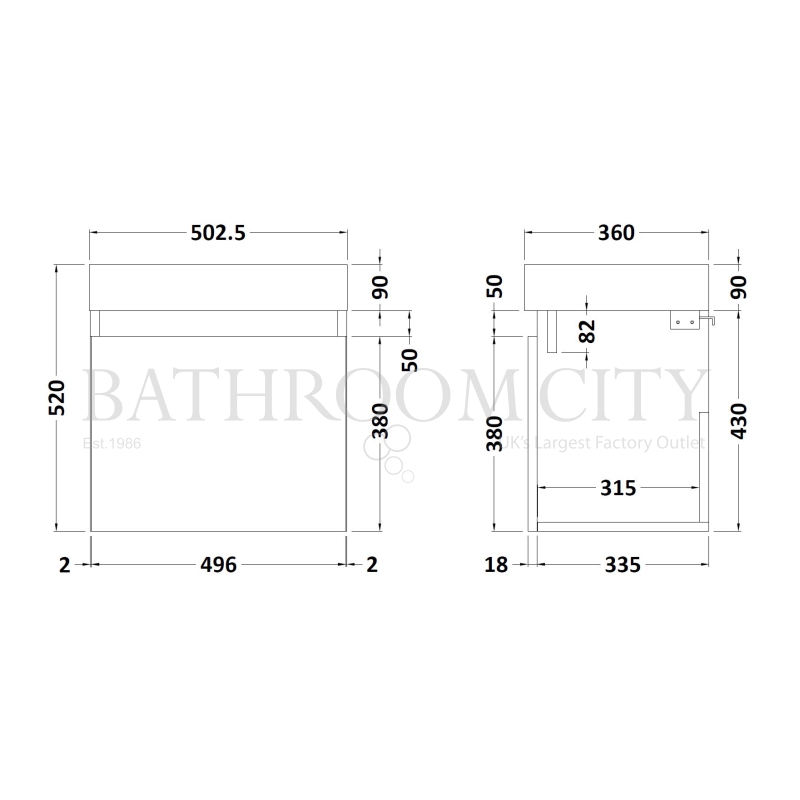 Merit 500 Single Door Wall Hung Vanity unit and Basin Specification Diagram