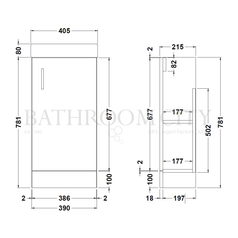 Vault 400 Single Door Small Bathroom Vanity Unit and Basin Specification Diagram