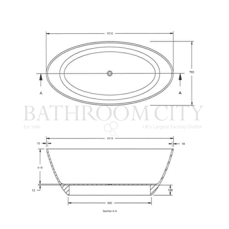 Grace Round Freestanding Bath 1510 x 760 Specification Diagram