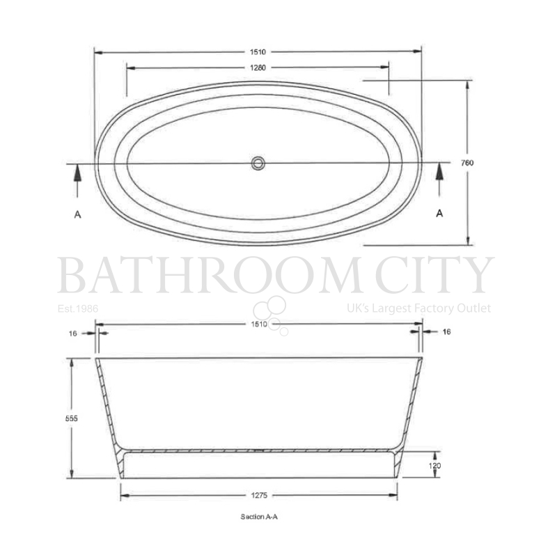 Rose Oval Freestanding Bath 1510 x 760 Specification Diagram