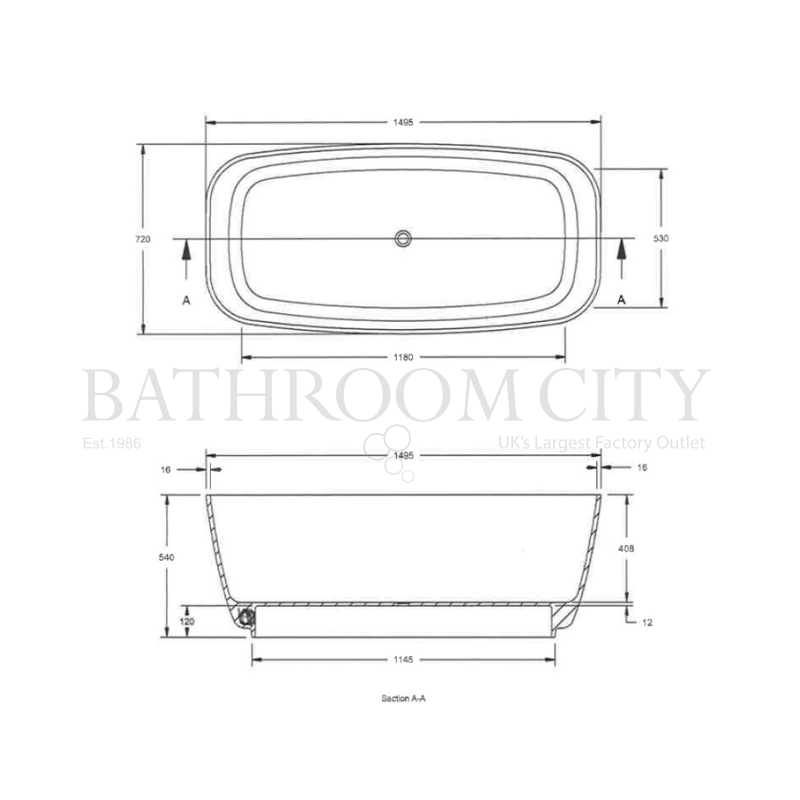 Bella Rec Freestanding Bath 1495 x 720 Specification Diagram