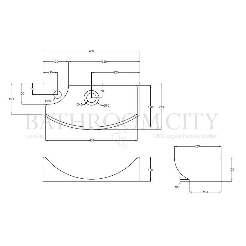 small cloakroom Wall Hung vessel basin LH or RH Specification Diagram