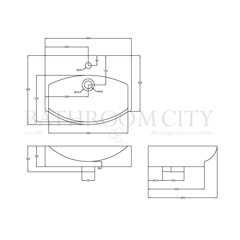 small cloakroom Wall Hung vessel basin 1TH Specification Diagram