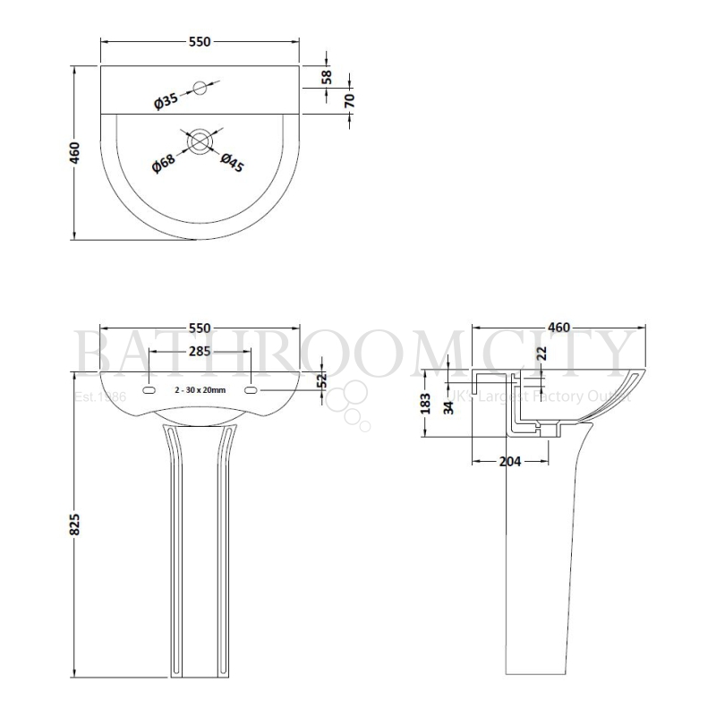 Freya 550 Basin and Pedestal Specification Diagram