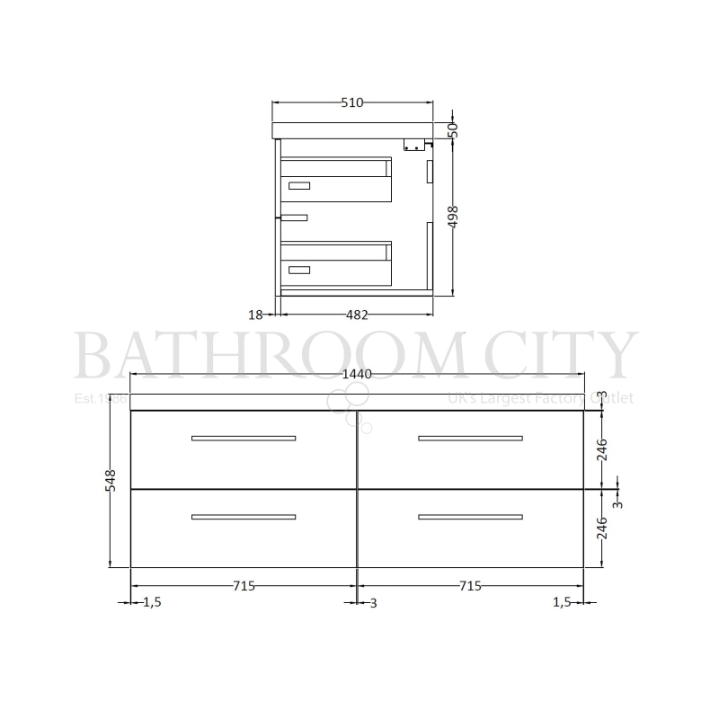 Quartet large wall hung 4 draw bathroom vanity unit and basin Specification Diagram